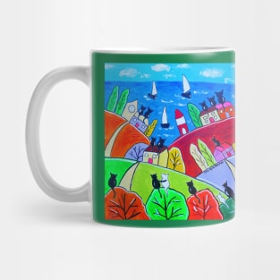 Cats on colourful roofs looking at sailing boats Mug